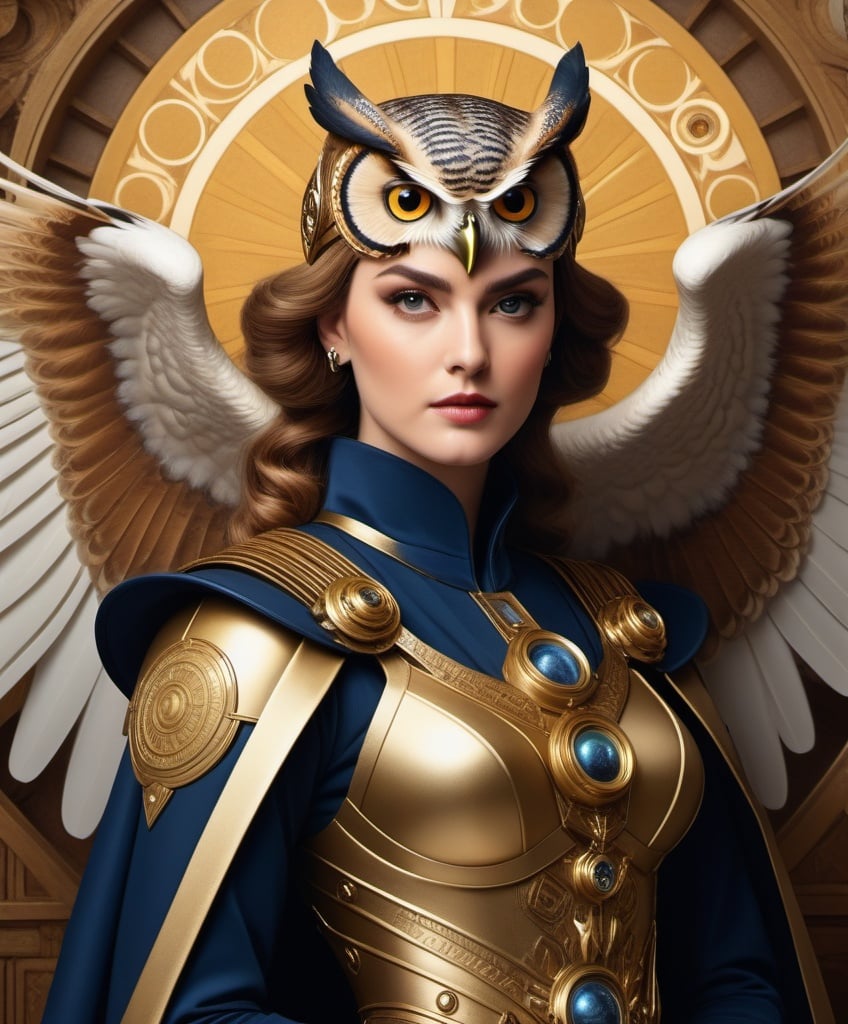 Prompt: fashion photoshoot, with heliocentric flying wings and horned owl, in the style of renaissance perspective and anatomy, kubisi art, biblical iconography, imagery, celestialpunk, frank xavier leyendecker, golden ratio, hd 