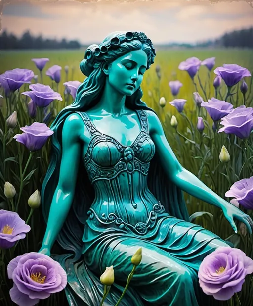 Prompt: Peeling encaustic texture, anaglyph colors, the beguilling goddess of death lounges in a field of lisianthus. She inspires fear, yet we are drawn to her. Seeking her embrace and the resulting serenity. 