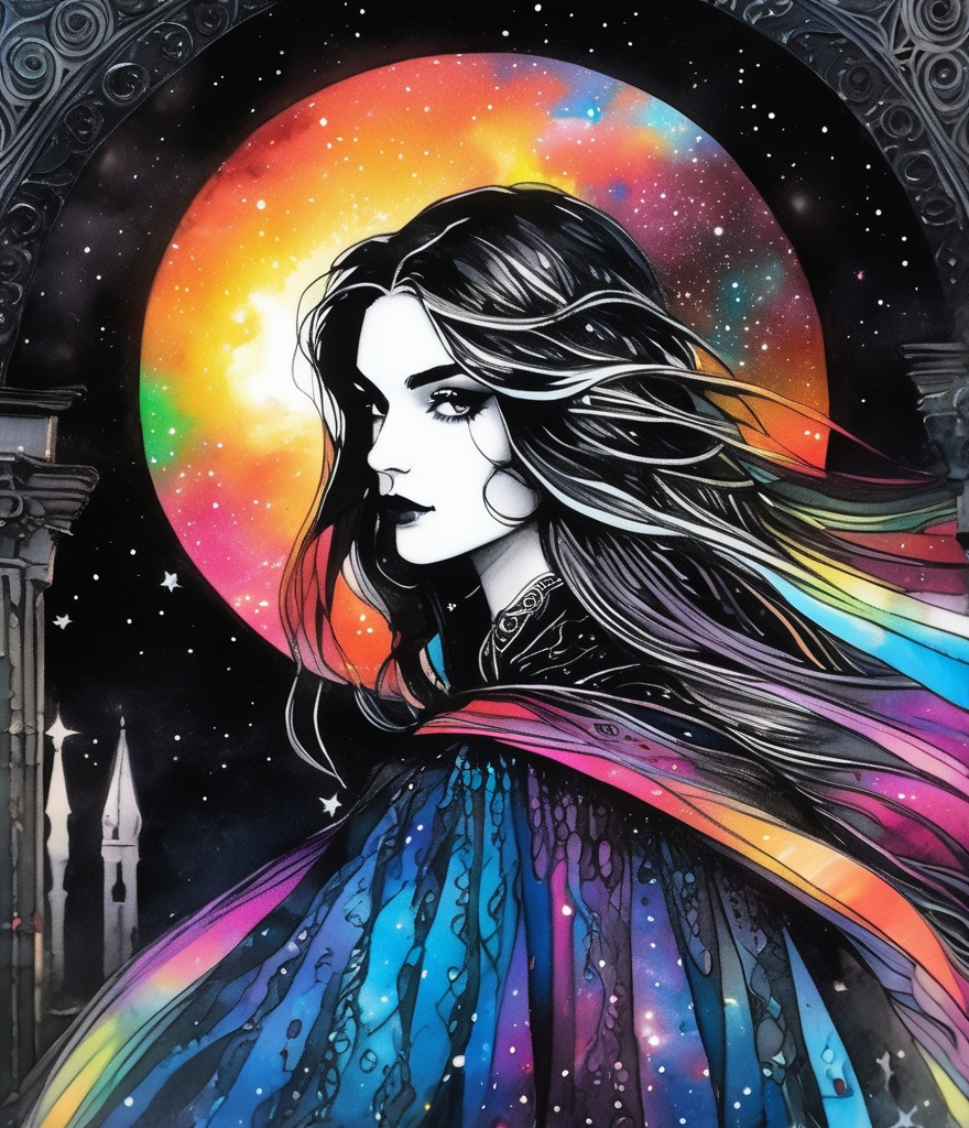 Prompt: a zentangle ferrotype portrait of In a gothic galaxy castle a vampire gazes through a window at the ethereal magic layers swirling in the vivid rainbow solar night in the style of luis royo 