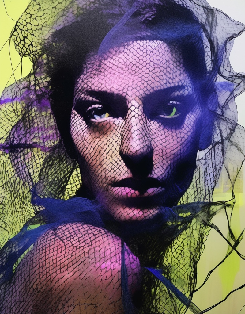 Prompt: caravaggism mixed media, transparent translucent fishnet, open field, neon and fluorescent indigo, exotic flora, up, sharp contrast painting portraits sketches, low light mood 