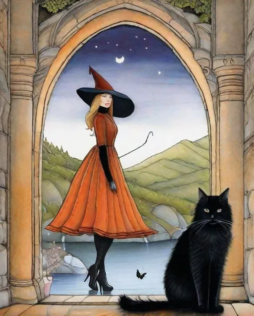 Prompt: A lovely witch with pretty face and beautiful eyes and her black cat art by Angela Barrett,  Sam Toft, Deborah Azzopardi, Marc Allante, Axel Scheffler, Charles Robinson, pol Ledent, endre penovac, Gustave Loiseau. inlay, watercolors and ink, beautiful, fantastic view, extremely detailed, intricate, best quality, highest definition, rich colours. intricate beautiful, award winning fantastic view ultra detailed, 3D high definition