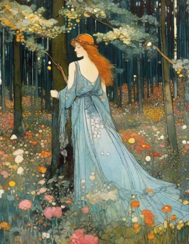 Prompt: Lovely pretty beautiful young lady, beautiful face, in a magical whimsical fashion forest in bloom Illustration art by Ferdinand Hodler, Romulo Royo, Yves Saint-Laurent, Yulia Brodskaya, Edward Julius Detmold, Paolo Roversi, Thomas Edwin Mostyn, Hiro isono, James Wilson Morrice, Axel Scheffler, Gerhard Richter, pol Ledent, Robert Ryman. Guache Impasto and volumetric lighting. Mixed media, elegant, intricate, beautiful, award winning, fantastic view, 4K 3D, high definition, hdr, focused, iridescent watercolor and ink