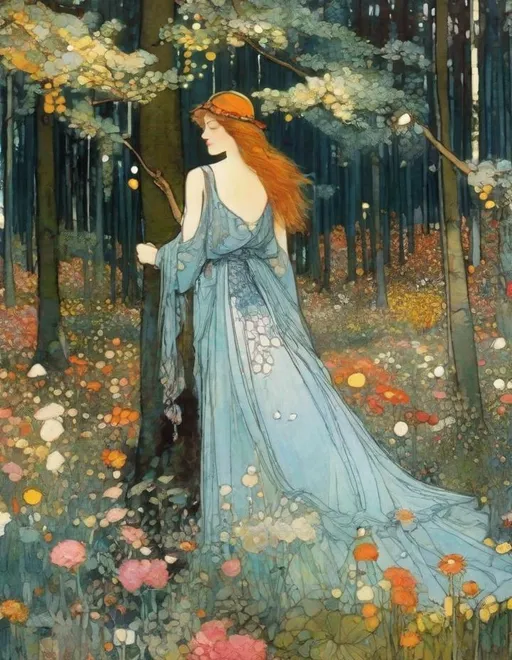 Prompt: Lovely pretty beautiful young lady, beautiful face, in a magical whimsical fashion forest in bloom Illustration art by Ferdinand Hodler, Romulo Royo, Yves Saint-Laurent, Yulia Brodskaya, Edward Julius Detmold, Paolo Roversi, Thomas Edwin Mostyn, Hiro isono, James Wilson Morrice, Axel Scheffler, Gerhard Richter, pol Ledent, Robert Ryman. Guache Impasto and volumetric lighting. Mixed media, elegant, intricate, beautiful, award winning, fantastic view, 4K 3D, high definition, hdr, focused, iridescent watercolor and ink