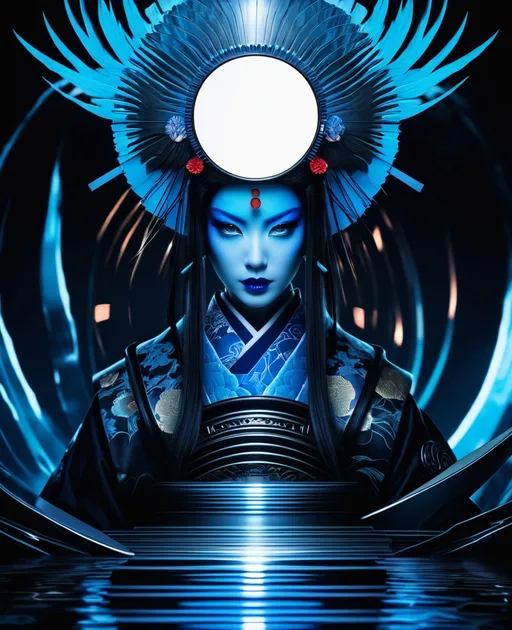 Prompt: mirror ka in the void:: blue eyed samurai geisha shogun:: techno ghost shells 