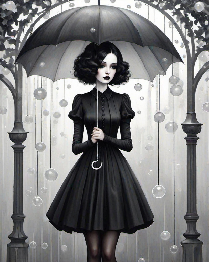 Prompt: an illustration of an umbrella by a woman in a black dress, in the style of neo-pop surrealism, white and gray, emotional portraiture, vienna secession, bubble goth, suspended/hanging, charming characters 
