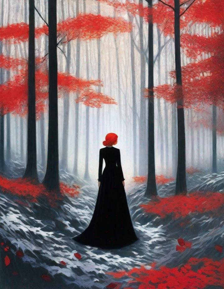 Prompt: A beautiful young lady, beautiful face, wearing opalescent black dress in a ghostly forest of white stem trees with red leaves, god rays through the tees, rim lighting, art by Camille Vivier,  Yves Saint-Laurent, Paolo Roversi, Thomas Edwin Mostyn, Hiro isono, James Wilson Morrice, Axel Scheffler, Gerhard Richter, pol Ledent, Robert Ryman. Guache Impasto and volumetric lighting. 3/4 portrait, Mixed media, elegant, intricate, beautiful, award winning, fantastic view, 4K 3D, high definition, hdr, focused, iridescent watercolor and ink