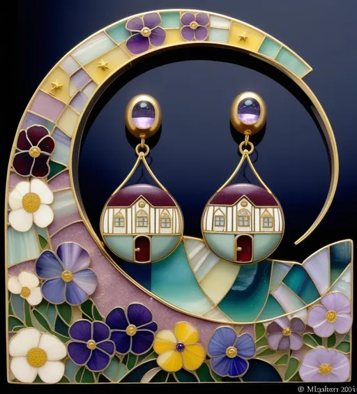 Prompt: gate and/or gait Mixed media of Fluorite, Gold Cloisonne, and Alcoholink with thin black purple gold bright white lines at boundaries. Shades of deep burgundy, lemony yellow, indigo, teal, deep mauve. English country village in the night with cute houses, delicate, fragile. Michaelmas daisies and bright stars and pansies in foreground composed of Fluorite. Delicate Faberge gold cloisonne half moon in mauve and gold details, inlaid with fresh water pearls 