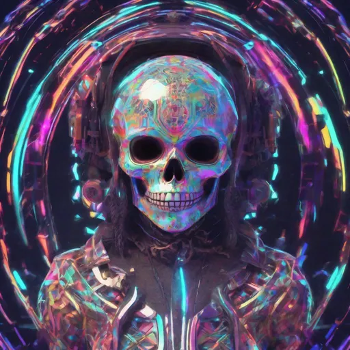 Prompt: calavera 💀 hologram, in the style of nightcore ::20 indigenous futurism, digital ::18 glitch, prismatic, vray tracing 