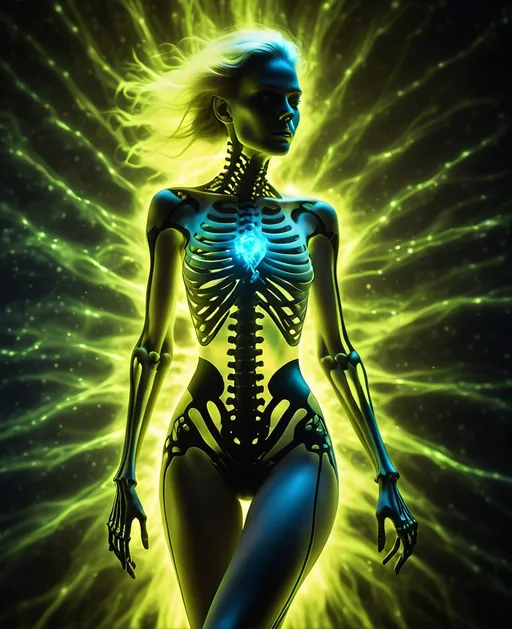 Prompt:  irradiated woman, glowing from within as energy passes through her, at the moment of her disintegration, radioactive molecules coming apart, time-lapse motion blur, skeleton illuminated from within, translucent skin 