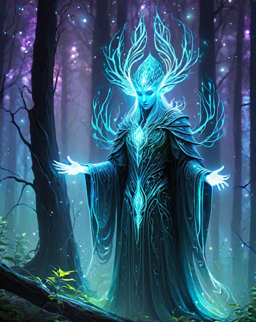 Prompt: will-o'-the-wisp forest magic, electric colors, ethereal beings