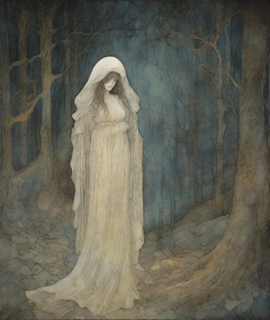 Prompt: A beautiful ghostly lady , she is broken hearted and surrounded by a doom and gloomy forest landscape, Loose and impressionistic watercolor picture, using patina and discoloration of metal surface, In the style of Carlos Schwabe, Susan Seddon Boulet, Edouard Vuillard. elegant extremely detailed intricate beautiful award winning fantastic view high definition crisp quality