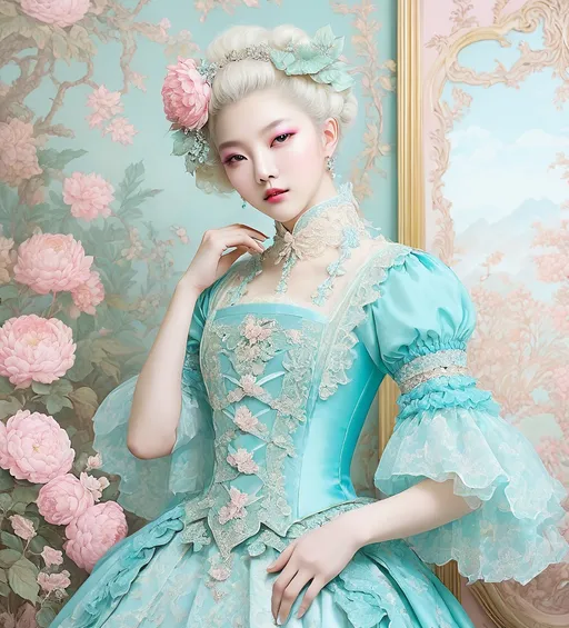 Prompt: Chalcedonypunk, rococo Korean renaissance satyr pastel lace, Korean toile in background 