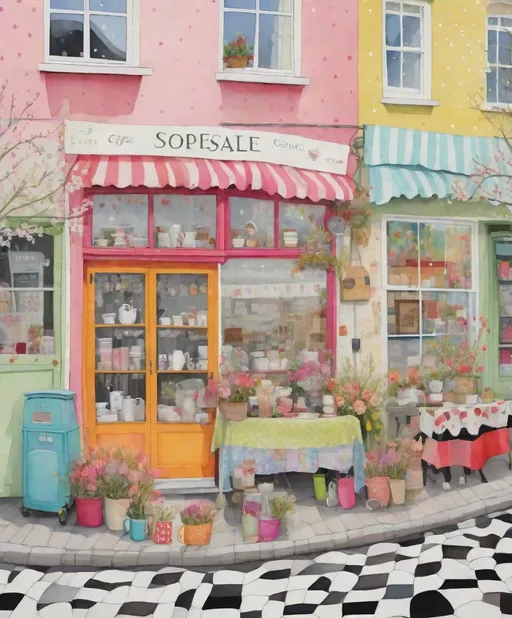 Prompt: a trash polka painting shows a coffee garage sale shop , in the style of lucy grossmith and victoria ball, colorful patchwork, chic illustrations, bright spring colors, floralpunk, windows vista, use of fabric 