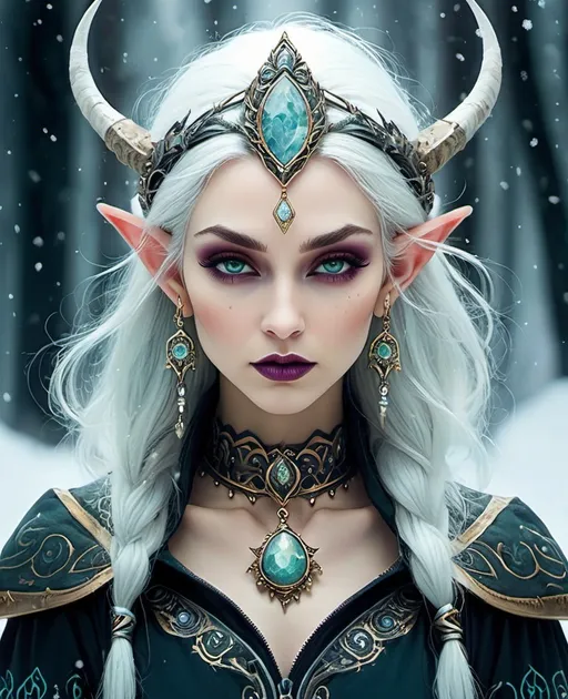 Prompt: a divine godess elf necromancer from the void, jewelry, earrings, evil, with a horde of zombies in tundra, haze, snow storm, comic style by stephanie law 