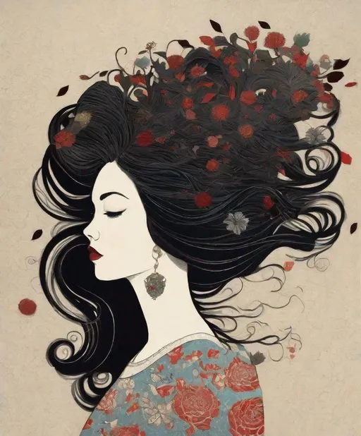Prompt: The beautiful young lady with blowing hair illustration art by Amy Earles, Tristan Eaton. Extremely detailed, intricate, beautiful. 
