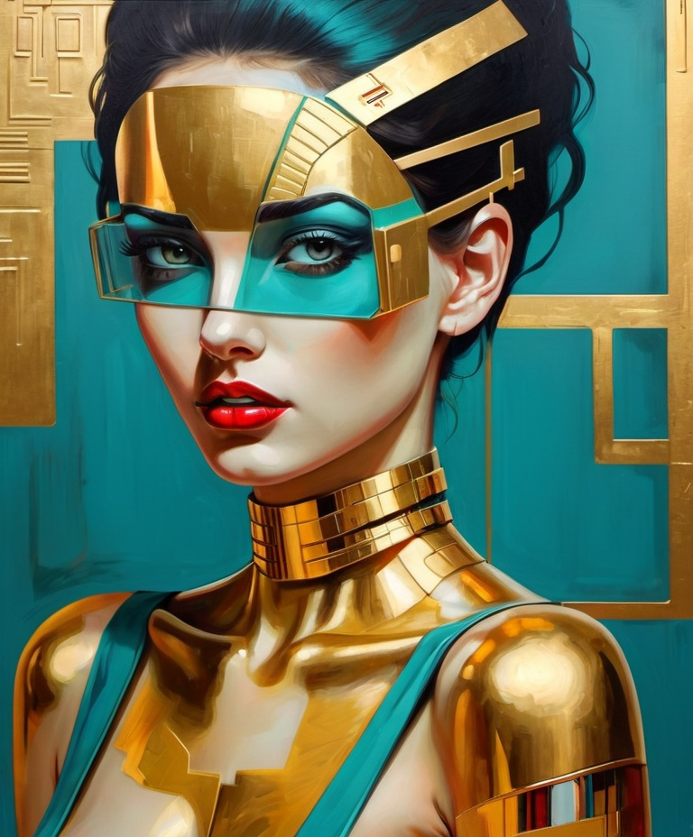 Prompt: abstract art paintings, in the style of retro-futuristic cyberpunk, illusory wallpaper portraits, gold leaf, texture gold, cubist-inspired portraits, pop art-inspired portraits, flickr, teal and red, beautiful women 