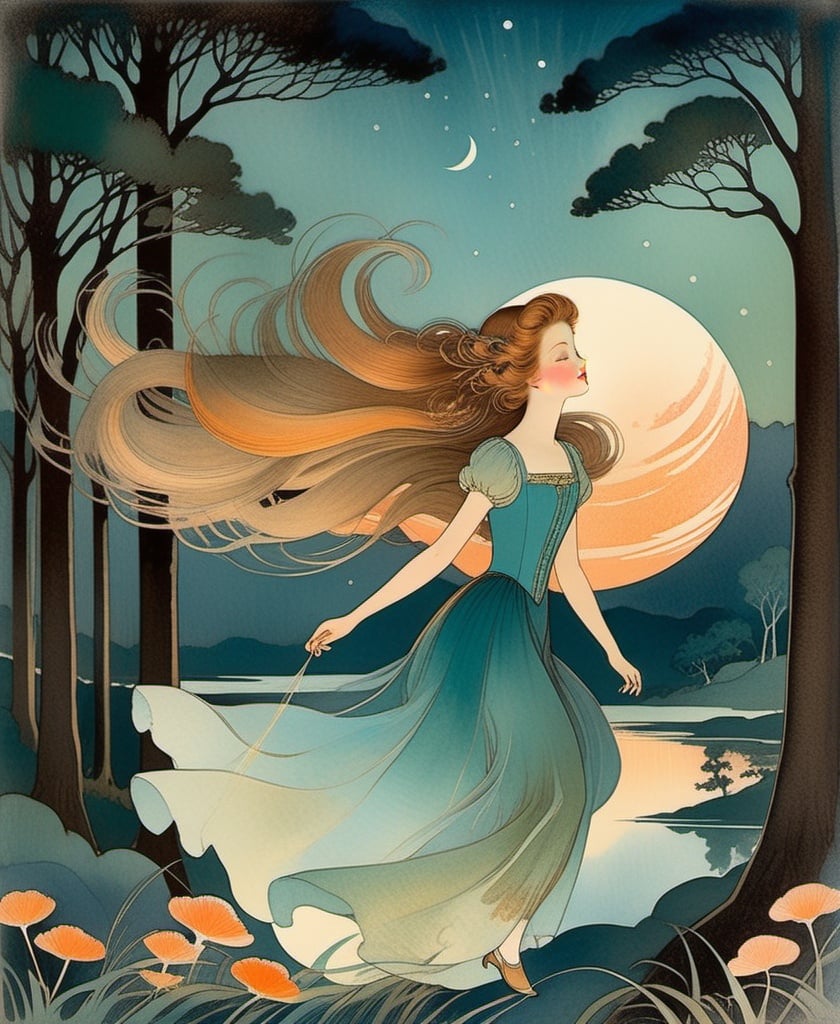 Prompt: The beautiful darling young lady with blowing hair art by Gustaf Tenggren, Winifred Nicholson, Molly Harrison. Gritty patina texture, gradient luminous inking colors, Dreamy atmosphere, twilight sky, Whimsical forest background, Extremely detailed, intricate, beautiful. 
