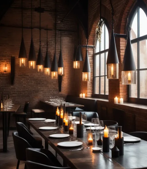 Prompt: A room with old brick medieval grunge wall combined with modern design made of plexiglass and lumatic ambience light.Gothic torches on the walls. Classy restaurant, minimalist interior