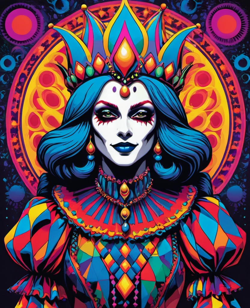 Prompt: The psychedelic pop art Jester Queen of the Void, optical illusions 