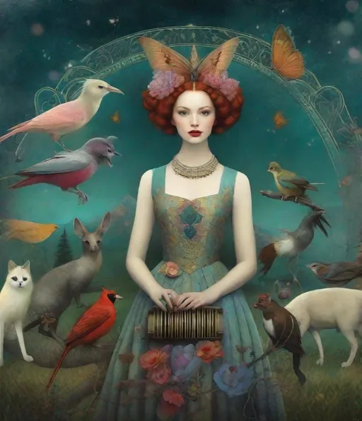 Prompt: Style by Anastazja Markowicz, Jarosław Jaśnikowski, tom bagshaw, Catrin Welz-Stein, Kathleen Lolley: The wandering beautiful mythical  mage, she sings a whimsical tune to enchant the animals, whimsical landscape, Vivid colors, beautiful, dreamy.  