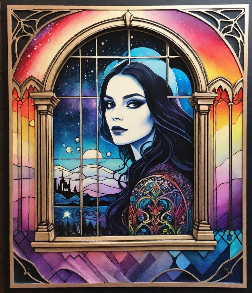 Prompt: a zentangle ferrotype portrait of In a gothic galaxy castle a vampire gazes through a window at the ethereal magic layers swirling in the vivid rainbow solar night in the style of Melanie Delon,  Victoria Francés, Rebeca Saray, Lin Fengmian, Anna dittmann, Justin Gaffrey, Michael Creese