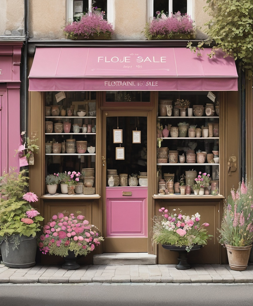 Prompt: floral print garage sale floretete shop window art print, in the style of florianne becker, lucy grossmith, albert marquet, charming character illustrations, detailed environments, fujifilm neopan, magenta and bronze 