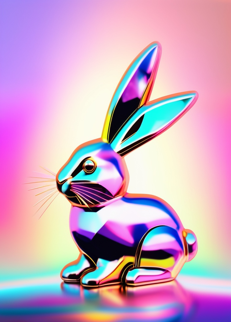 Prompt: Metallic iridescent Easter Bunny in the style of constructivist glitch art, psychedelic pastel colors