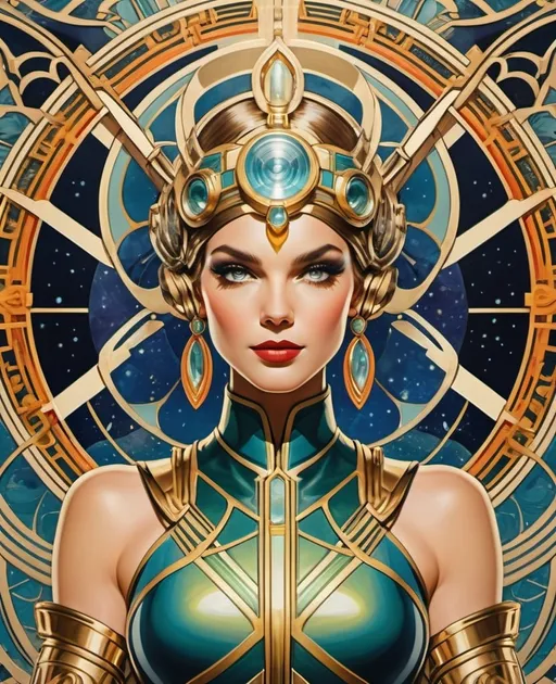 Prompt: abstract symmetrical representation of a painting of laser goddess by J. C. Leyendecker, intricate details, terrapin retro American comic style, 8K, intricate detail, hight resolution，rich colors，high quality，bright colors，ultrawide shot 