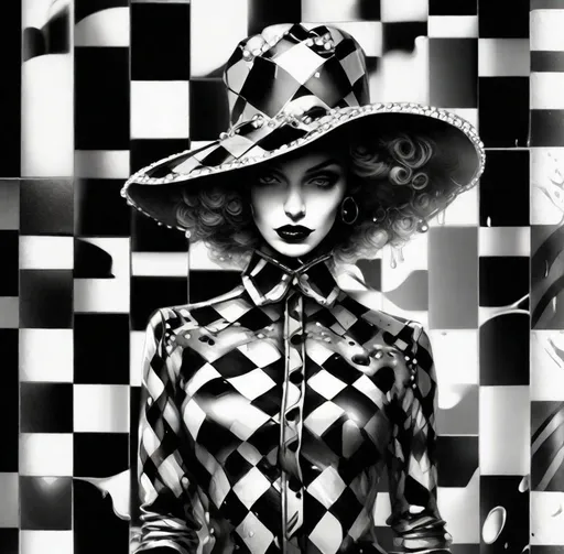 Prompt: a beautiful woman with a checkered costume wearing a checkered shirt, a fancy hat dripping paint, in the style of paint dripping technique, wet on wet painting, 8k 3d, whimsical Cyborg black and white realism, eye-catching detail, gothic futurism, porcelain finished