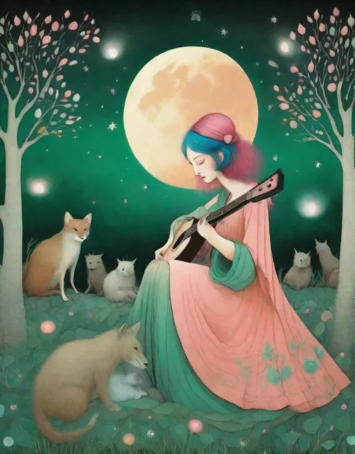 Prompt: The wandering girl wizard, with wild ombre gradient pink blue hair , plays a whimsical tune on her guitar, wearing a green and peach colored dress, surrounded by cute animals, full moon , STYLE: Chromolithography by Gabriel Pacheco, by Catrin Welz-Stein, by Kathleen Lolley, by Tara McPherson