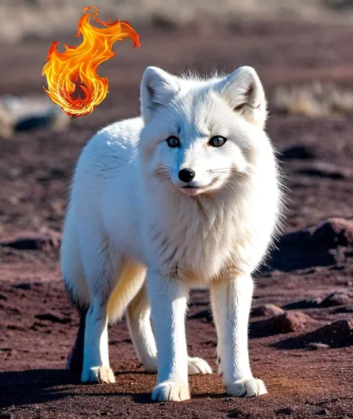 Prompt: arctic fox with flame ears, hot vs cold 