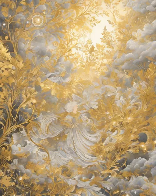 Prompt: will-o'-the-wisp golden hypermaximalism pencil illustration, celestial and ethereal manifestation of rococo fantastical ephemeral chaotic dreams and fantastical creatures in a terragenaic landscape, gold leaf everything 