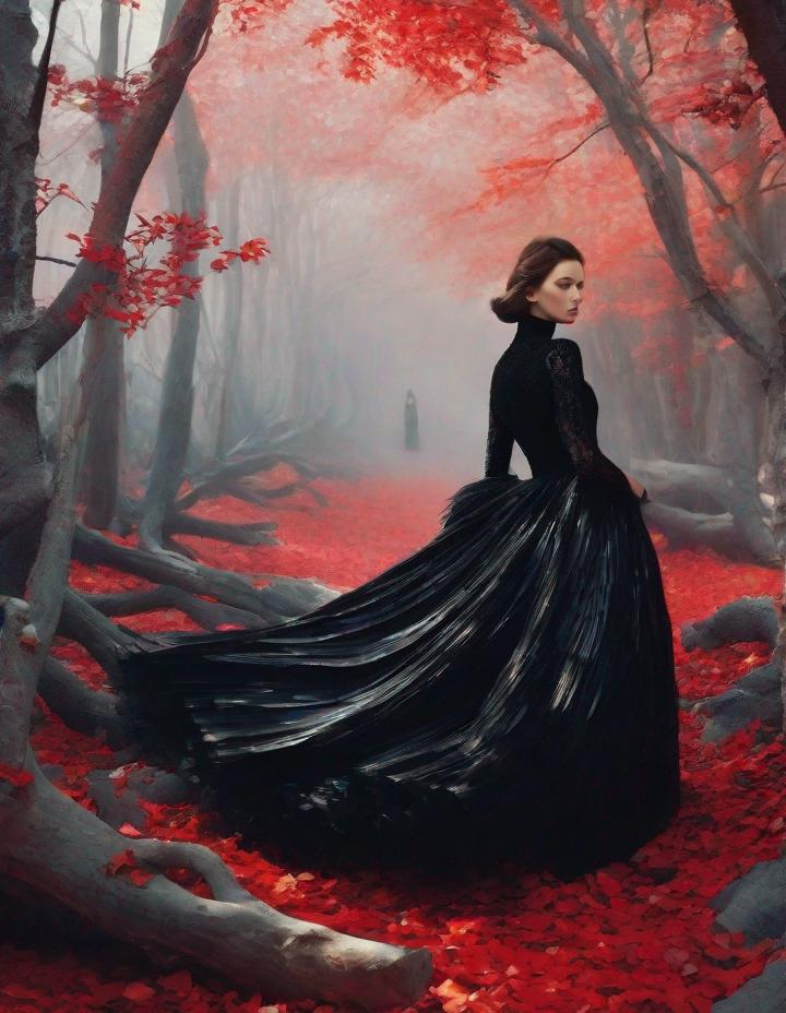 Prompt: 3/4 head shoot: A beautiful young lady, beautiful face, wearing opalescent black dress in a ghostly forest of white stem trees with red leaves, god rays through the tees, rim lighting, art by Mariano Vivanco,  Yves Saint-Laurent, Albert Watson, Thomas Edwin Mostyn, Hiro isono, James Wilson Morrice, Axel Scheffler, Gerhard Richter, pol Ledent, Robert Ryman. Guache Impasto and volumetric lighting. 3/4 portrait, Mixed media, elegant, intricate, beautiful, award winning, fantastic view, 4K 3D, high definition, hdr, focused, iridescent watercolor and ink