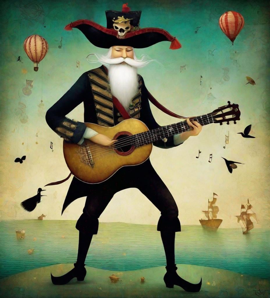 Prompt: The wandering pirate wizard plays a whimsical tune on his guitar STYLE: by Gabriel Pacheco, by Catrin Welz-Stein, by Kathleen Lolley, by Tara McPherson