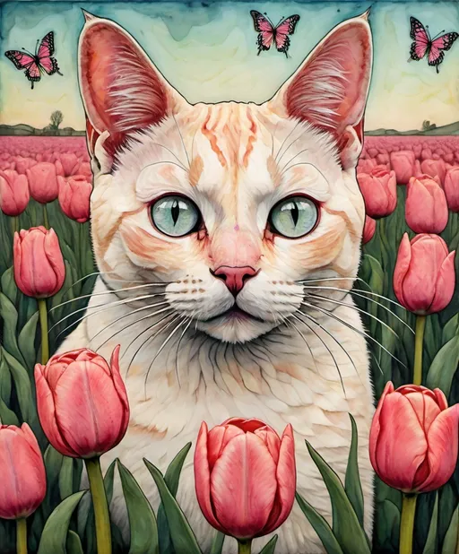 Prompt: encaustic texture gradient crossed colors, a whimsical beautiful cat looking up with a butterfly in its nose, in a field of tea rose tulips, piercing odd colored eyes, Marc Johns, Javier Mariscal, Charles Rennie Mackintosh  style