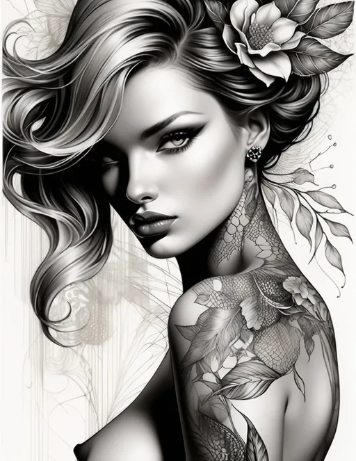 Prompt: style by Gabriel Moreno, Nick Gentry, Gyorgy Kepes: Female beauty through graphic and elegant images, crayons lines that show beauty and hide fragility, fear, ephemeron, sensuality, and tattoo lines, coursing through the skin of the figure and revealing what its beauty hides. Mixed media, Highly detailed, intricate, beautiful, 3d, extremely detailed, stunning gorgeous, award winning, fantastic view