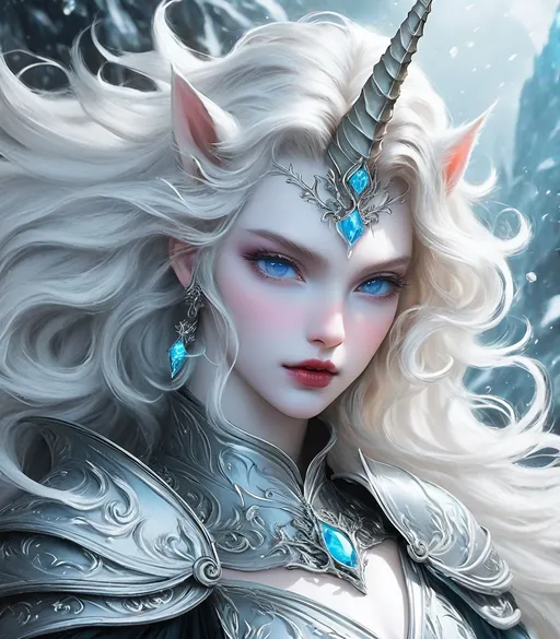 Prompt: medieval grunge vampire unicorn goddess, crystal spiral horn, white wind blown hair, ice blue eyes 