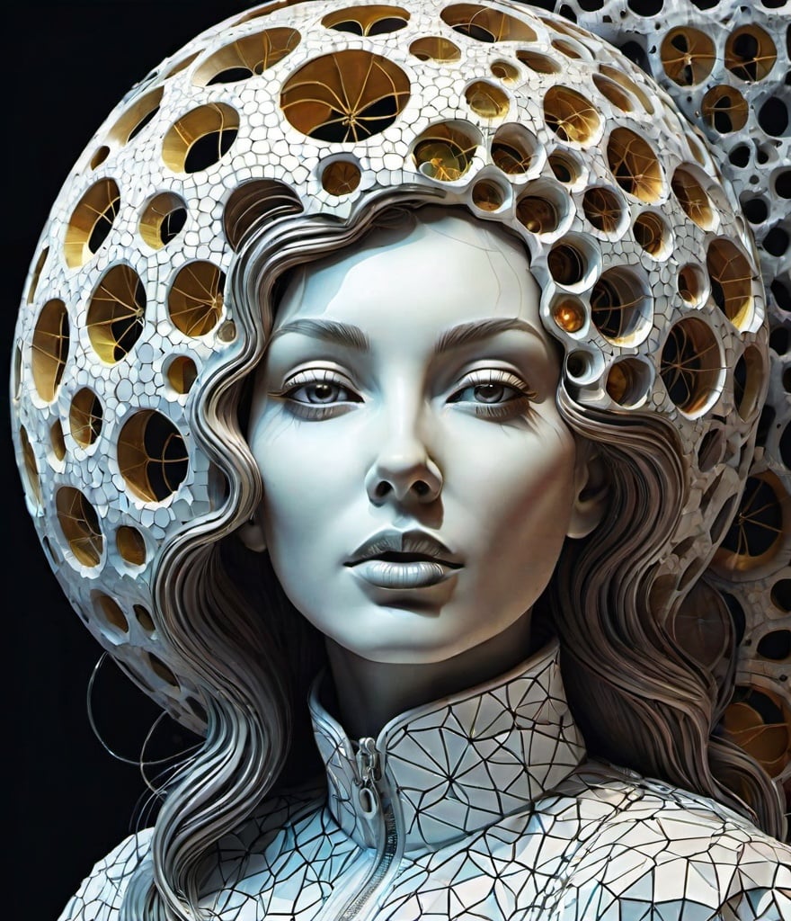 Prompt: I am a beautiful lady geode, geodesic spherostronaut, emotional paranoid, voronoi noise and turing pattern, abstract hyperealistic surreal, in the style of hans bellmer.