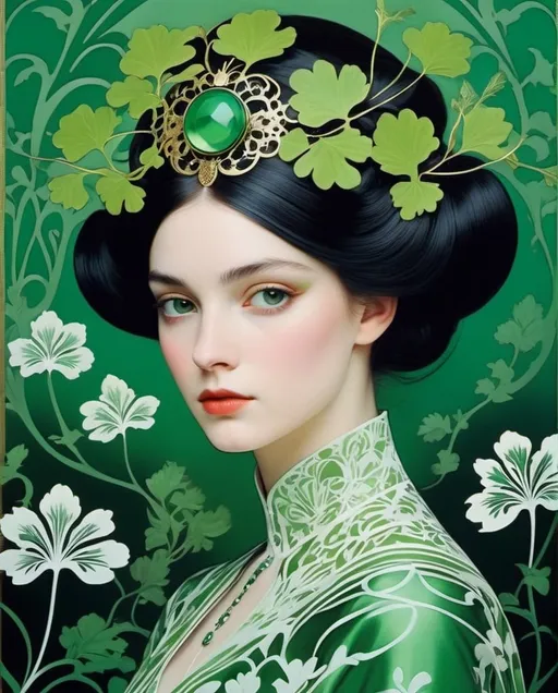 Prompt: Style by Omar Galliani, Hans Feurer, Mary Cassatt, Beatriz Milhazes, Aubrey Beardsley: The beautiful ghostly girl, android with molten filigree green leaves damask ornamental pattern, fauna and androids are become one unit, biotechnical, art nouveau