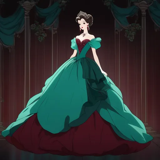 Prompt: a ballgown, teal and maroon, dark moody background, bentocore 