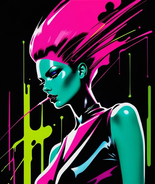 Prompt: in style of Helmut Newton: sartorial cell shaded roguecore voodoo, she is a dark villain. and rebell. excessive molecular bubble gum elements, vibrant wild artful toxic neon biomechanic urban art smooth and elegant deep emotions strong expressions, negative space colorful ink painting