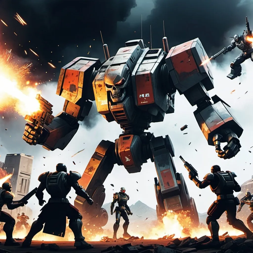 Prompt: In the image, a group of characters appears to be engaged in combat against a large, menacing robot. The robot, towering over the human figures, has a skull-like face and is firing multiple projectiles. There are four smaller figures, each with their own weapons, presumably fighting the robot. The scene is pixelated, suggesting it is a screenshot from a video game, with the characters on different levels of a structure which gives the scene a layered and dynamic feel. There’s a sense of intense action and conflict, with explosions and gunfire captured mid-battle. 