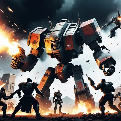 Prompt: In the image, a group of characters appears to be engaged in combat against a large, menacing robot. The robot, towering over the human figures, has a skull-like face and is firing multiple projectiles. There are four smaller figures, each with their own weapons, presumably fighting the robot. The scene is pixelated, suggesting it is a screenshot from a video game, with the characters on different levels of a structure which gives the scene a layered and dynamic feel. There’s a sense of intense action and conflict, with explosions and gunfire captured mid-battle. 