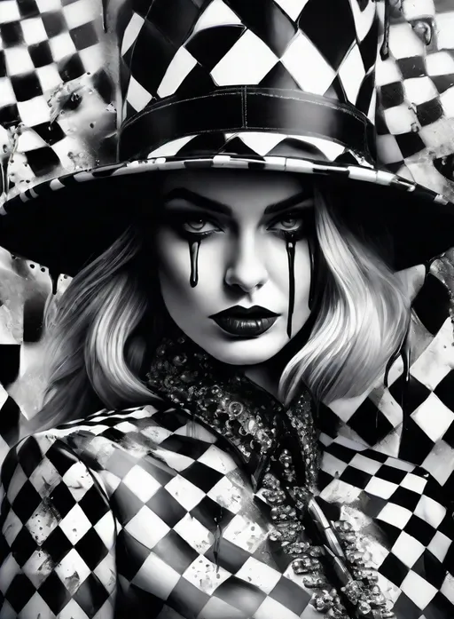 Prompt: a beautiful woman with a checkered costume wearing a checkered shirt, a fancy hat dripping paint, in the style of paint dripping technique, wet on wet painting, 8k 3d, whimsical Cyborg black and white realism, eye-catching detail, gothic futurism, porcelain finished