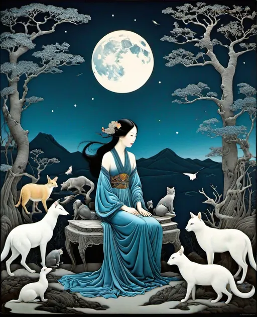 Prompt: Dufaycolor photograph: She is a mysterious Lady of the moonlight night surrounded by animals style of Genevieve Godbout, Sophie Delaporte, Charles Maurice Detmold, Robert Gillmor, Amy Giacomelli, Wu Guanzhong. Cold Chrome colors tone, Extremely detailed, intricate, beautiful, 3d, high definition