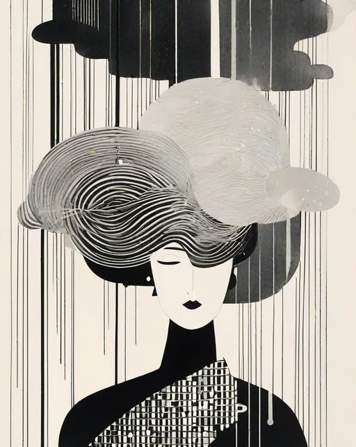 Prompt: illustration by andy wilson of ms veerby little woman  black and white coloured illustrations by pettymon, in the style of hayv kahraman, expressionistic drips, gloomy metropolises, suspended/hanging, camilla d'errico, geometric aesthetics, depictions of inclement weather
