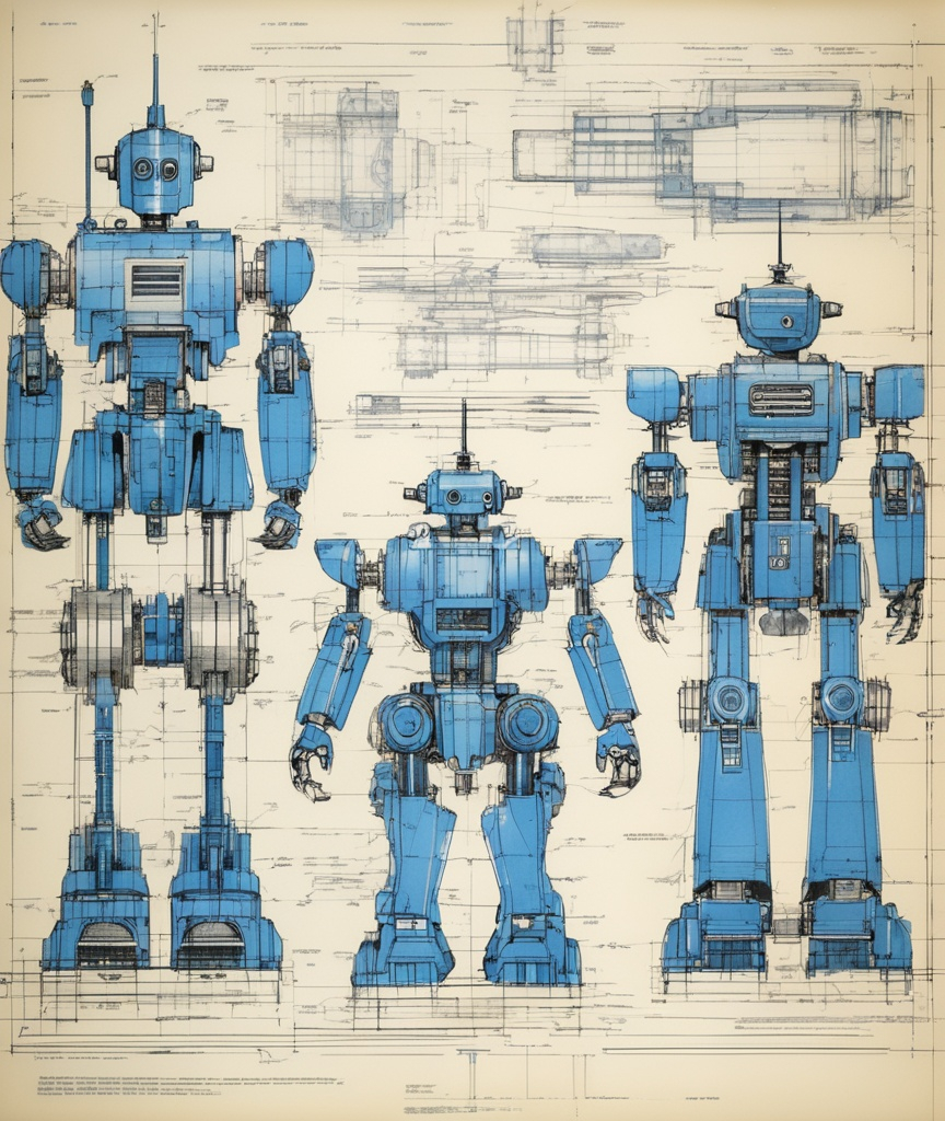 Prompt: blueprint, technical drawing, schematic, toy robot, detailed 