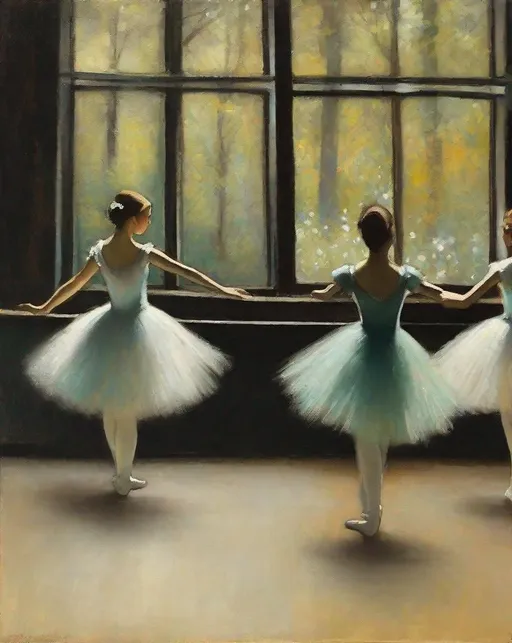 Prompt: Illustrate a "will-o'-the-wisp" ballet performance in the style of Edgar Degas, capturing the grace and movement of these elusive entities. 