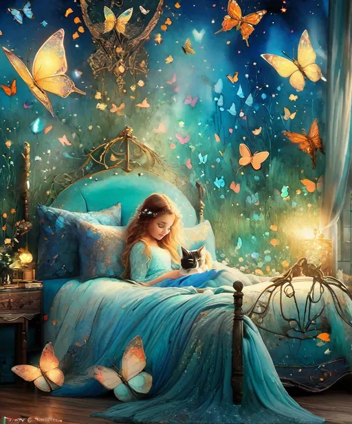 Prompt:  A lovely beautiful girl in magical fantastic bedroom with whimsical animals , cats,  butterflies and art by Florence Harrison, Yulia Brodskaya, catrin Welz Stein, Rosalba Carriera, pol Ledent, Doug Chinnery, Maud Lewis, Valerie Hegarty, Endre Penovac, Justin Gaffrey. inlay, watercolors and ink, beautiful, fantastic view, extremely detailed, intricate, best quality, highest definition, rich colours. intricate beautiful dynamic lighting award winning fantastic view ultra detailed 4K 3D high definition hdr 