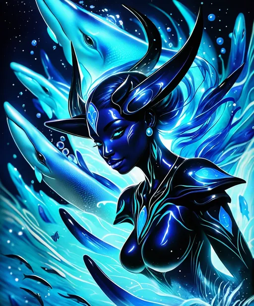 Prompt: an anthropmorphic orca alien girl with blue sapphires embedded into tribal markings, swimming in a bioluminescent sea, colorful vibrant 